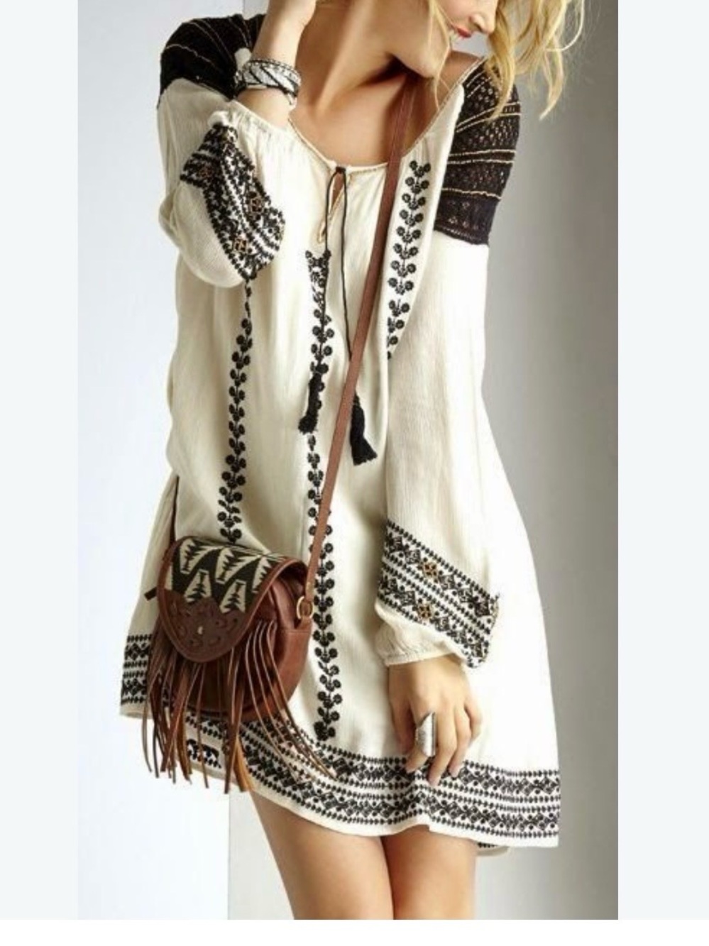Free People Cream Mini Dress with Black Embroidery size XS